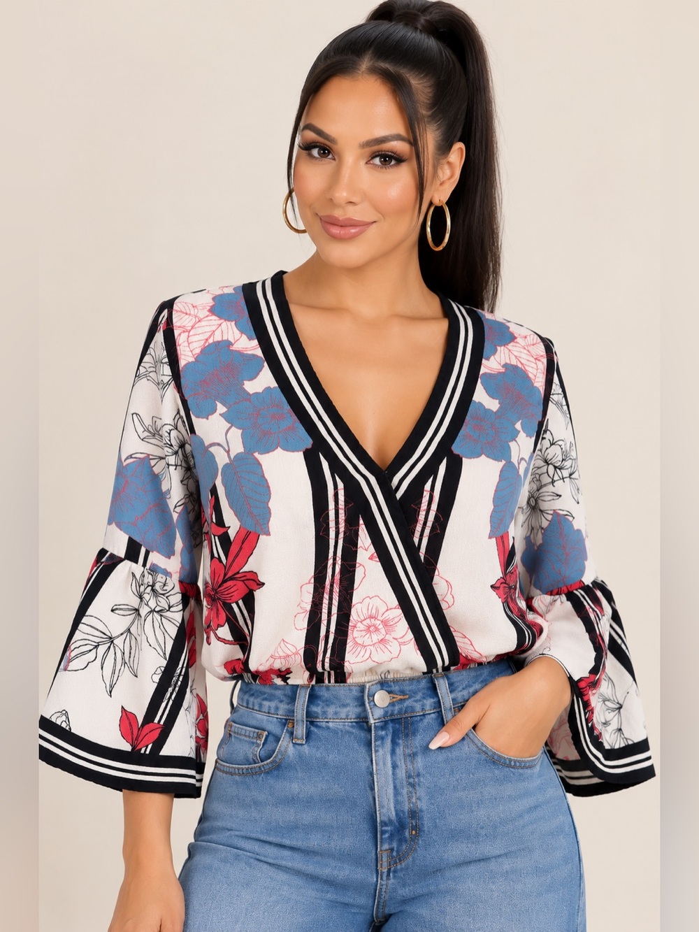 Flying Tomato Floral Wrap-Style V-Neck Top - White/Blue/Red
